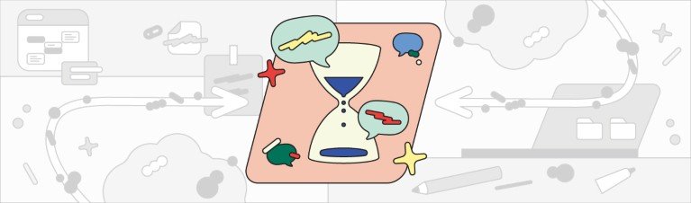 A simple stylised illustration showing a sand timer with a speak bubble at either end.