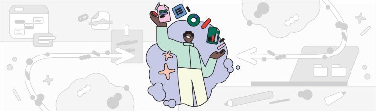 A simple stylised illustration showing a person juggling digital charts and pages.