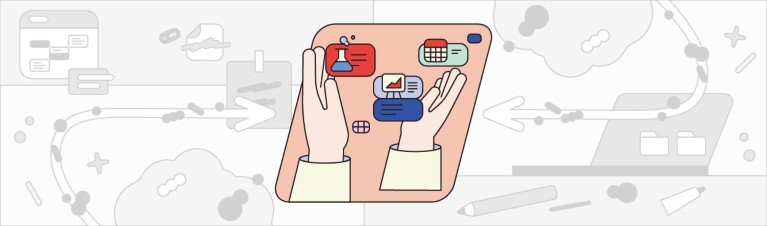A simple stylised illustration showing two hands behind floating digital text bubbles with calendars, graphs and science icons.