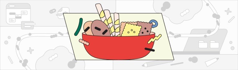 A simple stylised illustration showing a bowl filled with biscuits and cookies.