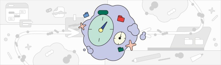 A simple stylised illustration showing a clock timer and small digital folder icons.