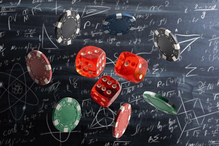 A handful of dice and poker chips are pictured falling through the air before a blackboard background of mathematical formulas.