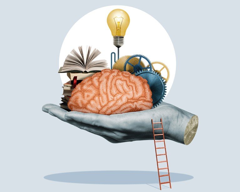 A collage of photos showing a large open hand holding various things that indicate knowledge including a human brain, a lightbulb, cogs and books.