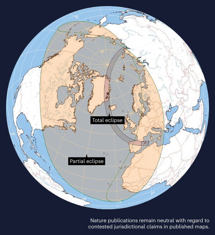 Globe showing where the total solar eclipse will be visible across Spain and Iceland and the partial eclipse across western Europe, north western Africa and Canada.