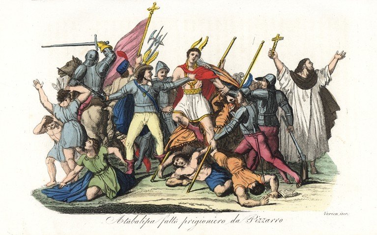 An historic colour engraving of Atahualpa, the last Incan emperor, being seized by troops during the Spanish Conquest.
