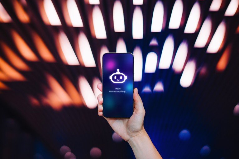 A person holds up a smartphone displaying an AI chatbot app against a colourful, futuristic-style blurred background