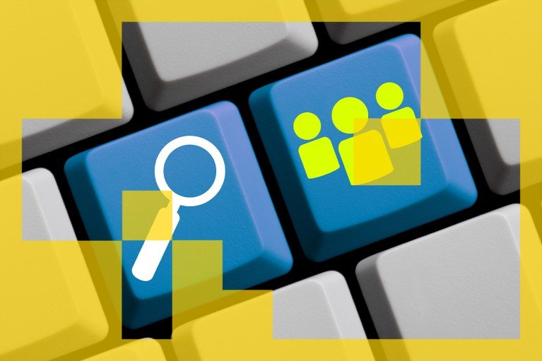 A rendered illustration of a computer keyboard with two keys labelled with symbols of a magnifying glass and three figures indicating a group of people.