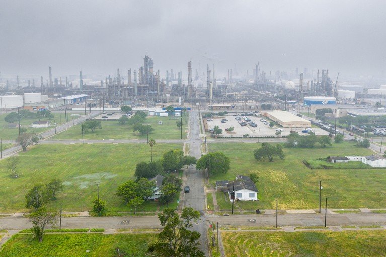 Aerial view of emissions from the Citgo Corpus Christi Refinery behind the Hillcrest neighborhood in Texas.