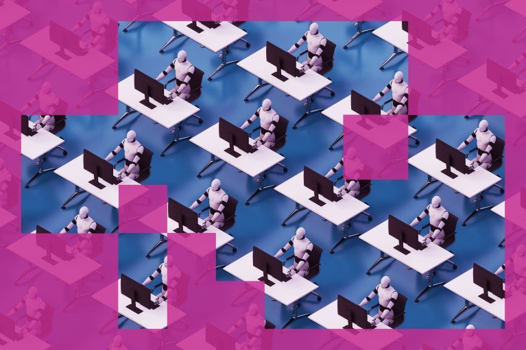 3D rendering showing lots of AI humanoids sitting at desks working a computers.