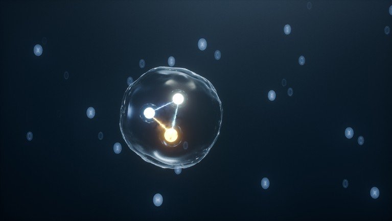 3D illustration of a theoretical physics quark and gluon.