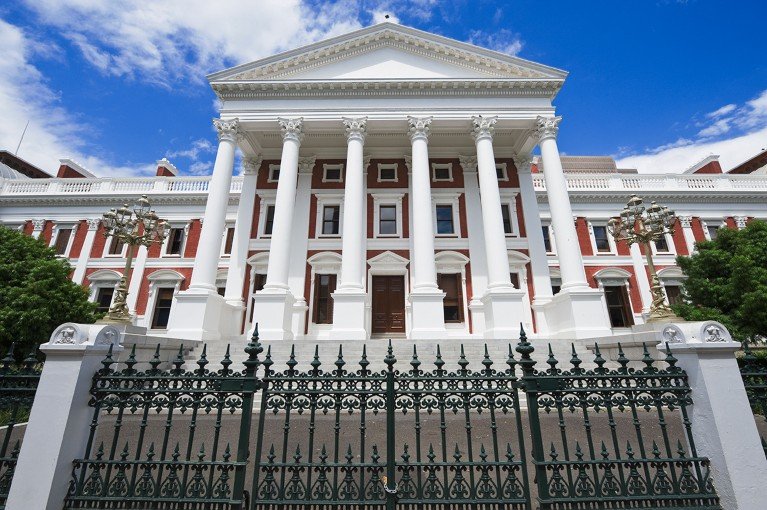 The neo-classical facade of the House of Parliament in Cape Town, South Africa.
