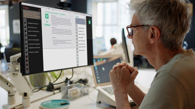 Mature man, looking into a computer screen as type is being added to the screen by an Artificial intelligence.