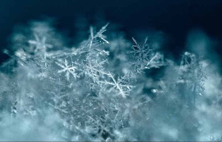 A close-up view of delicate snowflakes with intricate crystalline structures resting on a soft, blurred background.