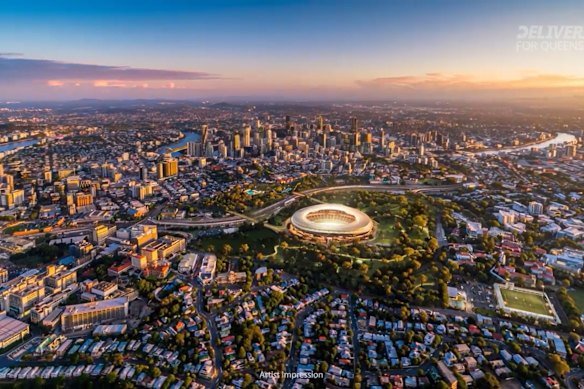 An artist’s impression of the planned Brisbane Stadium for the 2032 Olympics. More construction workers are needed to meet demands for Games infrastructure.