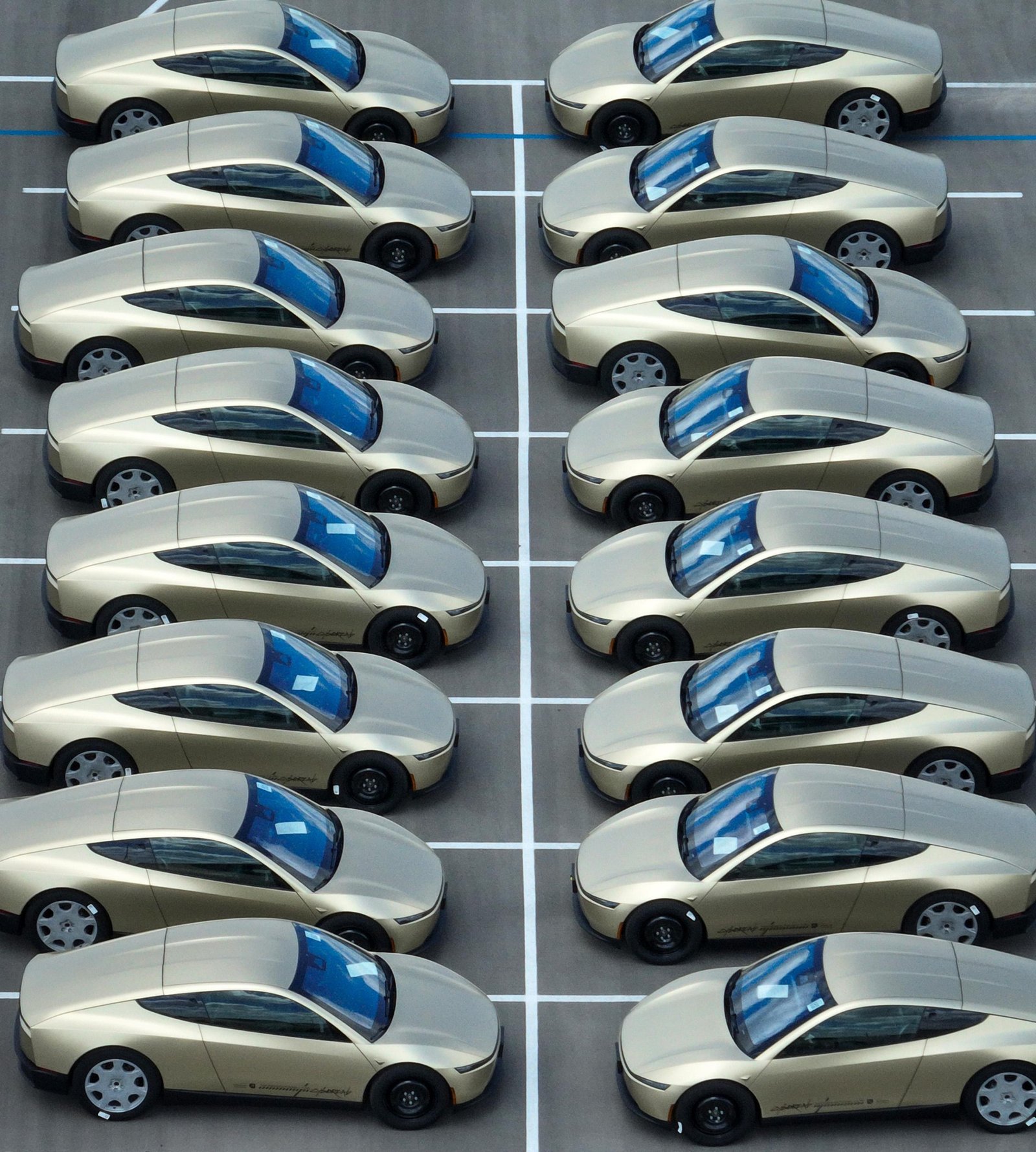 Tesla Cybercabs are lined up on a lot at Tesla Giga Texas in Austin, Wednesday, April 8th.