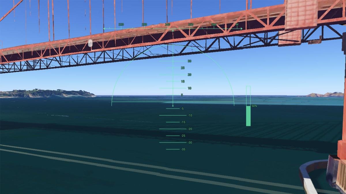 A view of a flight simulator flying underneath the Golden Gate Bridge
