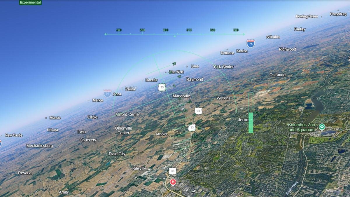 An airplane simulator in Google Earth showing the Columbus Zoo