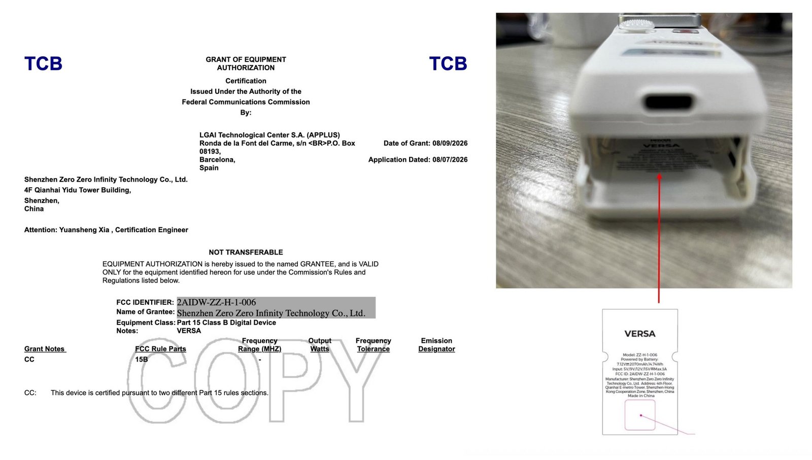 Zero Zero got its authorization grant for the Versa on August 9th.