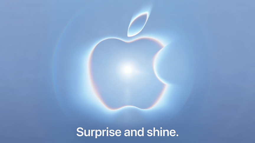 Apple graphic showing its logo with a bright light at the center on a blue-gray background. text: Surprise and shine