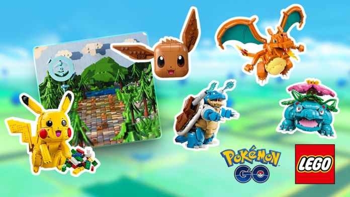 LEGO pokemon featuring Pikachu, Eevee, charizard, blastoise, and venuasaur. There is a Pokemon GO and LEGO logo in the bottom right.