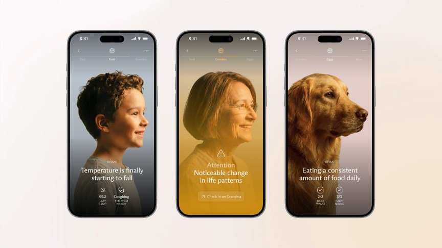 Three phone screens showing different family members and a dog on the Luffu app.