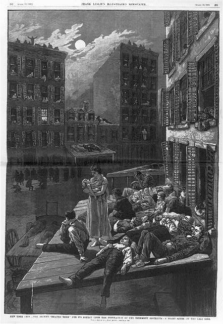 Illustration showing people sleeping on roof tops in nyc tenements.
