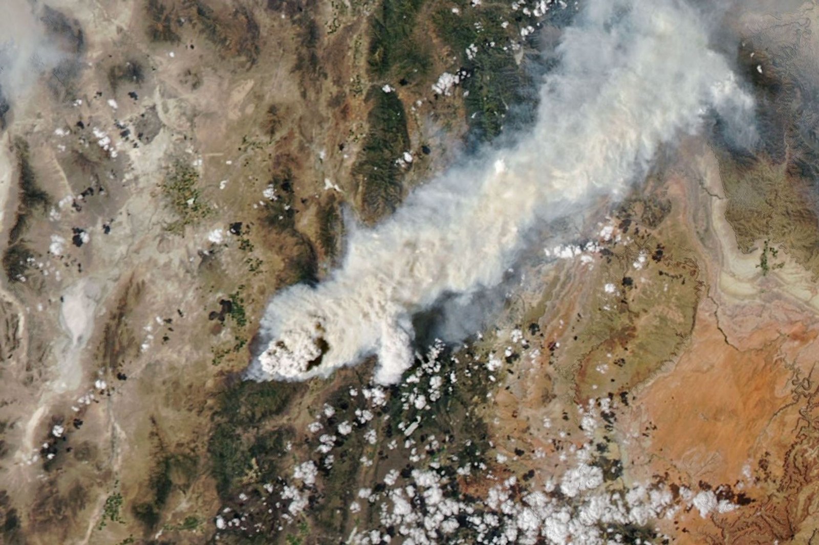 Textured gray wildfire smoke streams east from a fire burning near Fishlake National Forest. A dark shadow is visible to the east of a tall plume near the fire front.