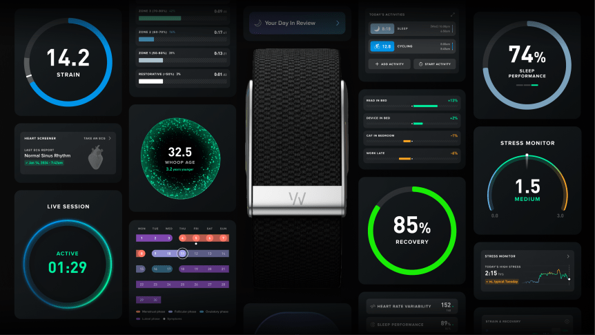 Whoop wearable surrounded by different Whoop features.