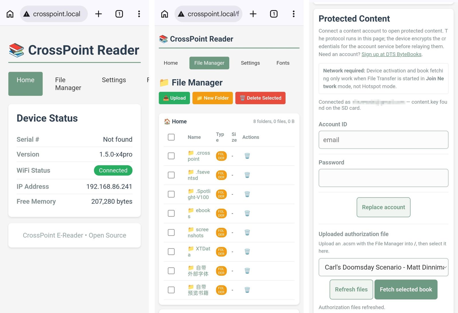 Several screenshots of the CrossPoint Reader web server running in Chrome on an Android phone.