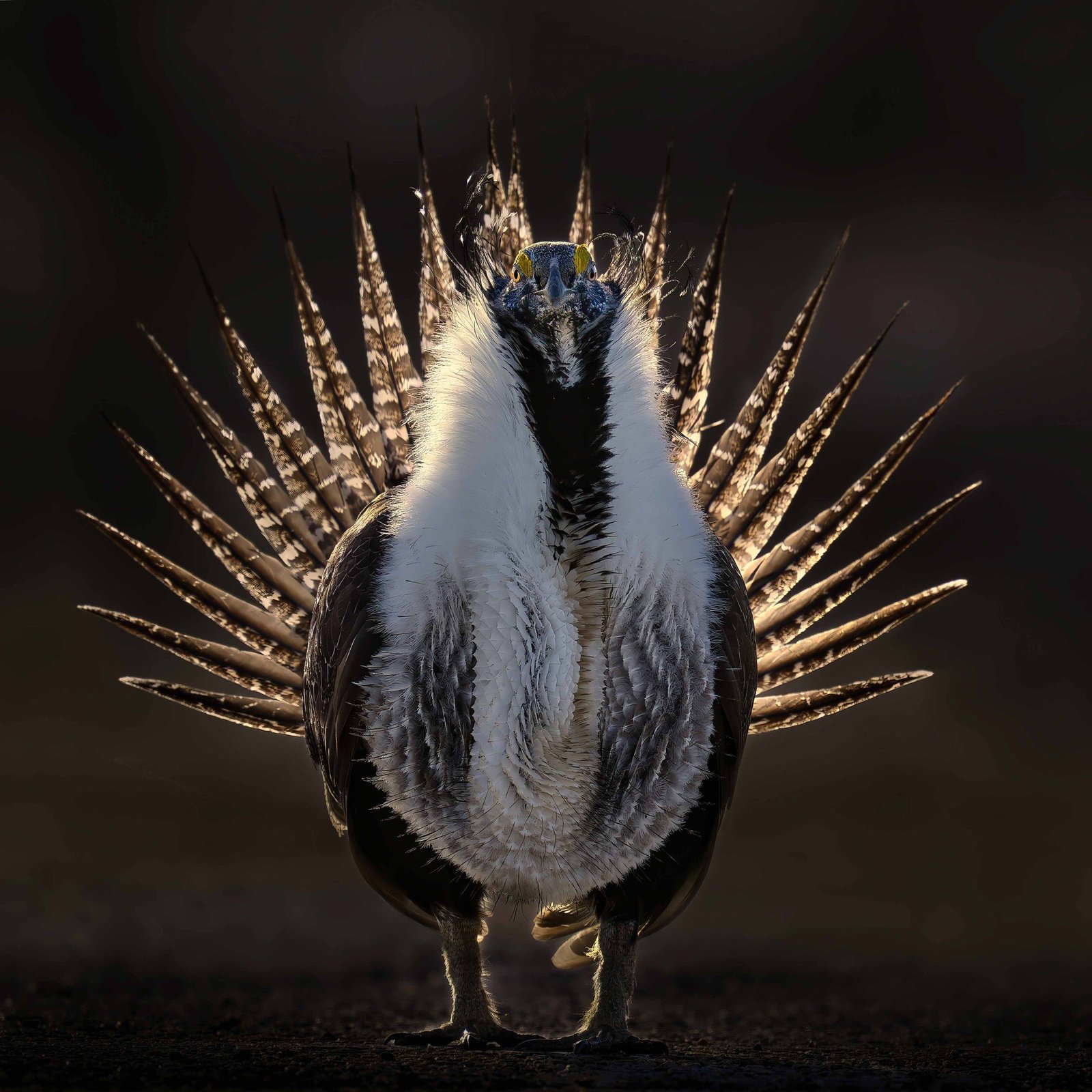 A male greater sage-grouse during its courtship display. As the sun was rising over the shadowed sagebrush hill behind him, it illuminated the bird’s tail feathers such that they appeared to radiate light. I was fortunate to visit a sage-grouse lek, an area in which the birds congregate to mate. Arriving at the lek before sunrise, I crouched behind some rocks, facing east to get a backlit photo of a male. As the sun rose above the hill behind the lek, I was able to capture this male in full display. Greater Sage-Grouse are the largest native grouse in North America. As their name implies, these birds are intimately tied to the sagebrush ecosystems of the Intermountain West. Their populations in recent years have declined precipitously due to a loss of habitat. © Thomas Deliberto / Bird Photographer of the Year