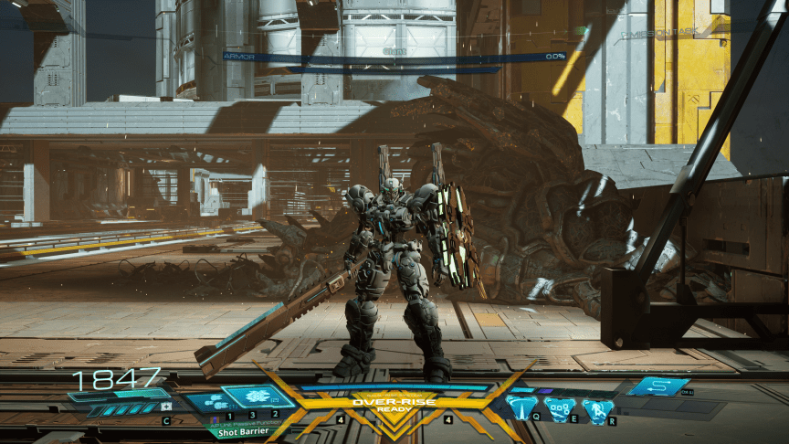 An in-game screenshot showing a Gundam robot standing in front of a vanquished foe.