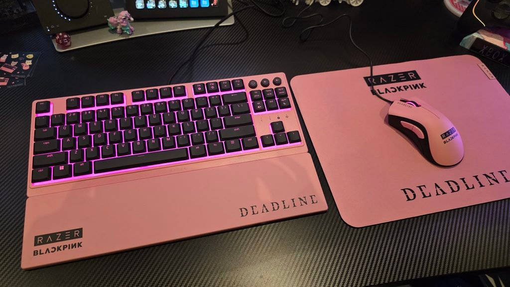 Photo of the whole collection sitting on my work desk. All the lights are on, and are pink, and it fits so nicely together.