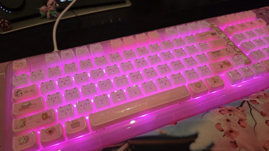 The keyboard is set on the highest brightness and all pink making for a striking desktop look.