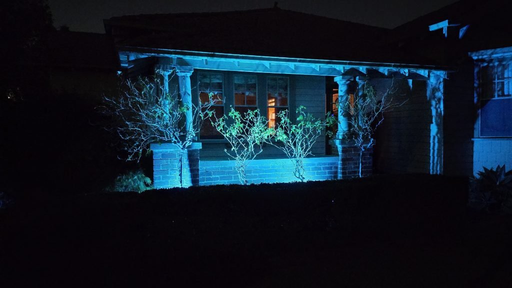 Photo of the lights lighting up four large rose bushes at the entrance to the house. The lighting colour is blue, and it's a slightly different angle to the above photo.