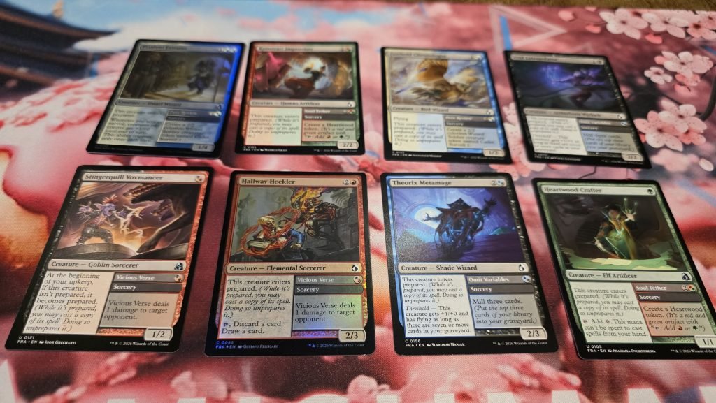 Eight prepared cards with their dual options to cast as a creature, or use the spell on the right if the creature is prepared. The left dictates whether the creature is prepared or not. 