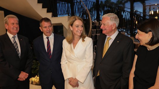 Opposition leader Kellie Sloane with former Liberal premiers Barry O’Farrell, Mike Baird, Nick Greiner and Gladys Berejiklian at a Sydney fundraiser.