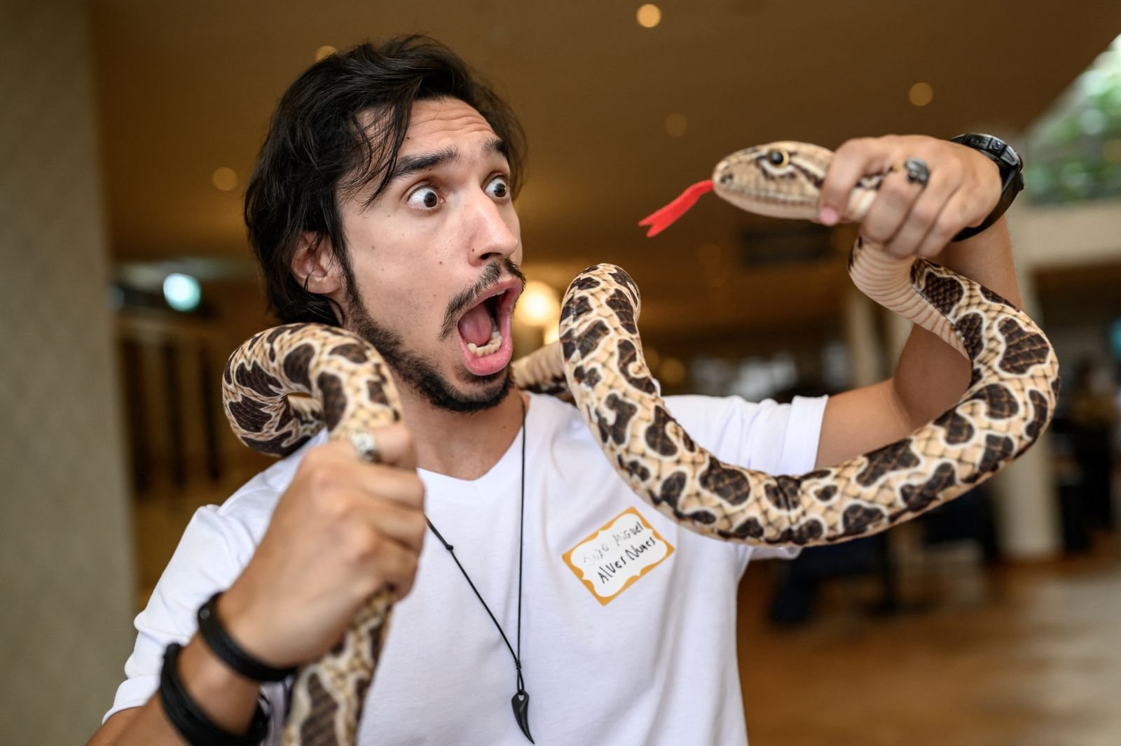 Brazilian biologist Joao Miguel AlvesNunes poses with a fake snake ahead of the 2026 Ig Nobel Prize Ceremony in Zurich...