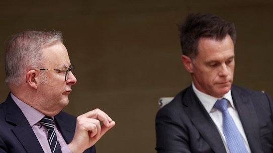Prime Minister Anthony Albanese and NSW Premier Chris Minns during a press conference after a national cabinet meeting in Sydney last month.