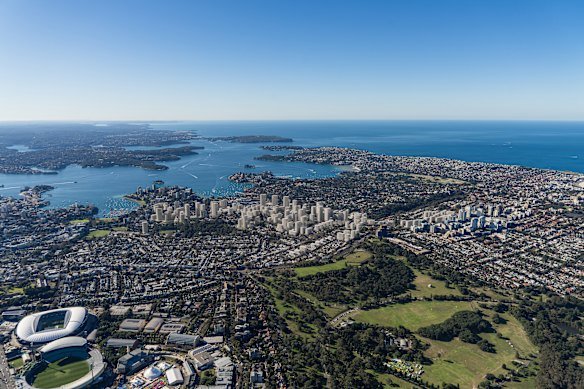 Aerial render of Woollahra and Edgecliff station upzoning.