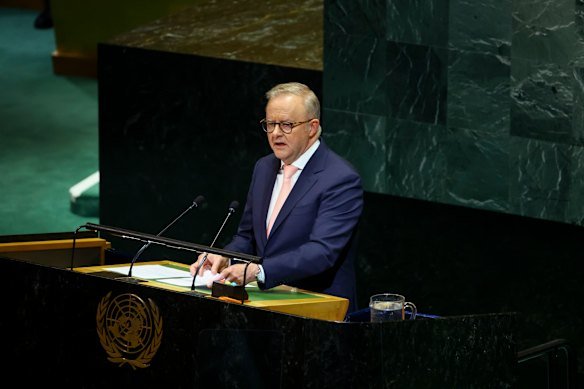 Prime Minister Anthony Albanese speaks at the Two-State Solution Conference at the UN in New York last year.