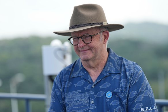 Prime Minister Anthony Albanese speaking to reporters on the final day of the Pacific Islands Forum in Koror, Palau, on Thursday.