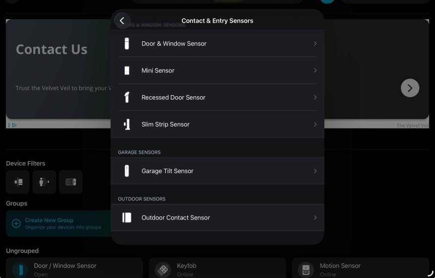 Abode app showing setup for new sensors.