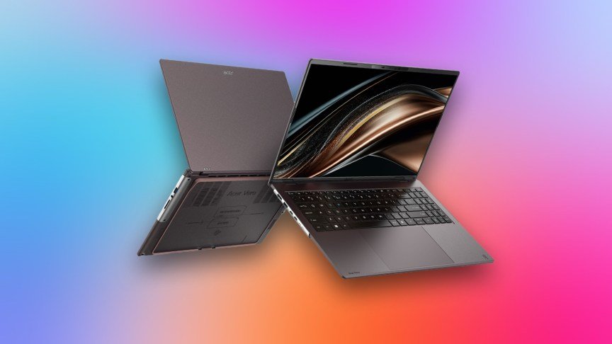 Acer Vero 16 facing front and facing back, next to each other, on a colored CNET background.
