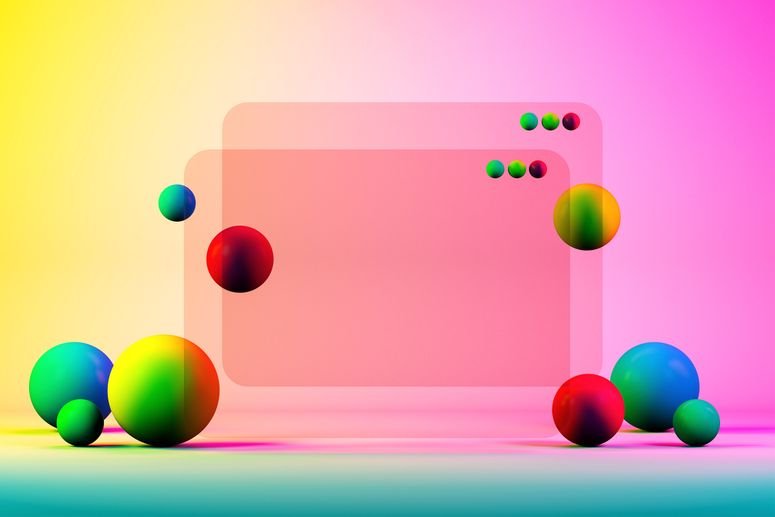 3d render of transparent web browser windows with multi-colored spheres on a colorful background
