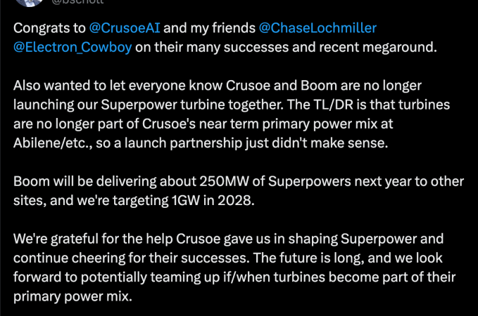 Crusoe abandons $1.25B plan to use Boom turbines at AI data centers | TechCrunch