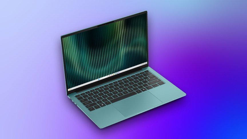 Dell 14S in velvet green featured against a bluish-purplish background.