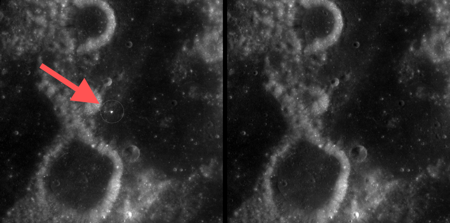A zoomed-in view of McGetchin crater, circled on the left, next to a “before” image on the right. The panel on the left is made from images captured by NASA’s Lunar Reconnaissance Orbiter Wide-Angle Camera in summer 2025; the right panel was made from images taken in spring 2011. The white spot is not the crater itself, but rather material flung out of the crater, which formed when a rock, possibly this size of a three- to six‑story building, crashed into the Moon between April 11 and May 22, 2024—a once-in-a-century event, as scientists reported on Sept. 15, 2026, in a pair of papers in Science Advances. The area shown in the images is 38 miles wide. Credit: NASA Goddard / Intuitive Machines / Robert Wagner