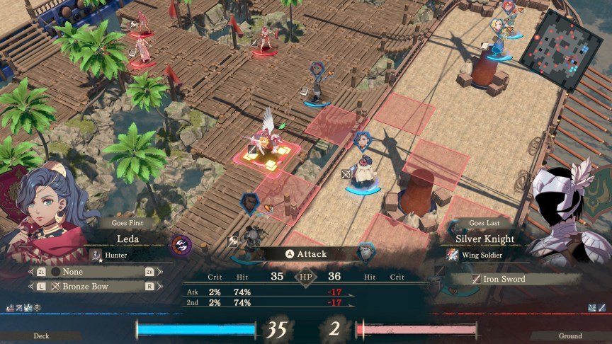 A battlefield of characters and squares showing possible moves in Nintendo's Fire Emblem: Fortune's Weave.