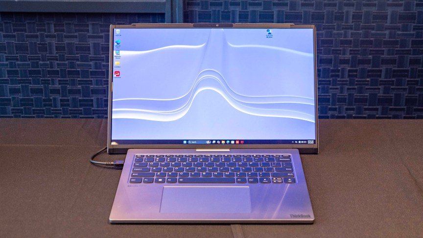 Lenovo's Project Swan rollable concept, extended to 17 inches, as seen from the front.