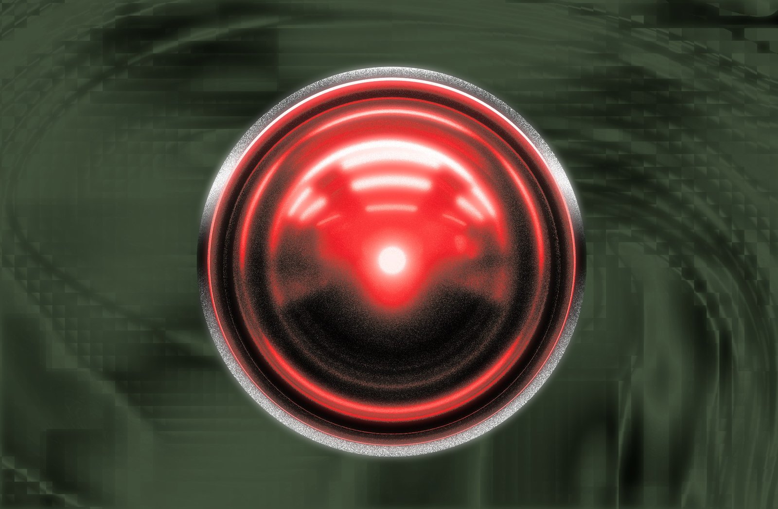 H.A.L. style glowing red digital eye over a textured digital backdrop.
